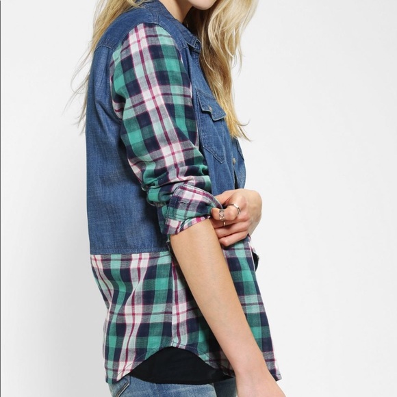 BDG plaid chambray button up shirt - Picture 2 of 5